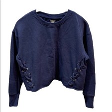 Aerie Navy Blue Cropped Sweatshirt Lace Up Side Raw Hem XS Distressed Sweatshirt