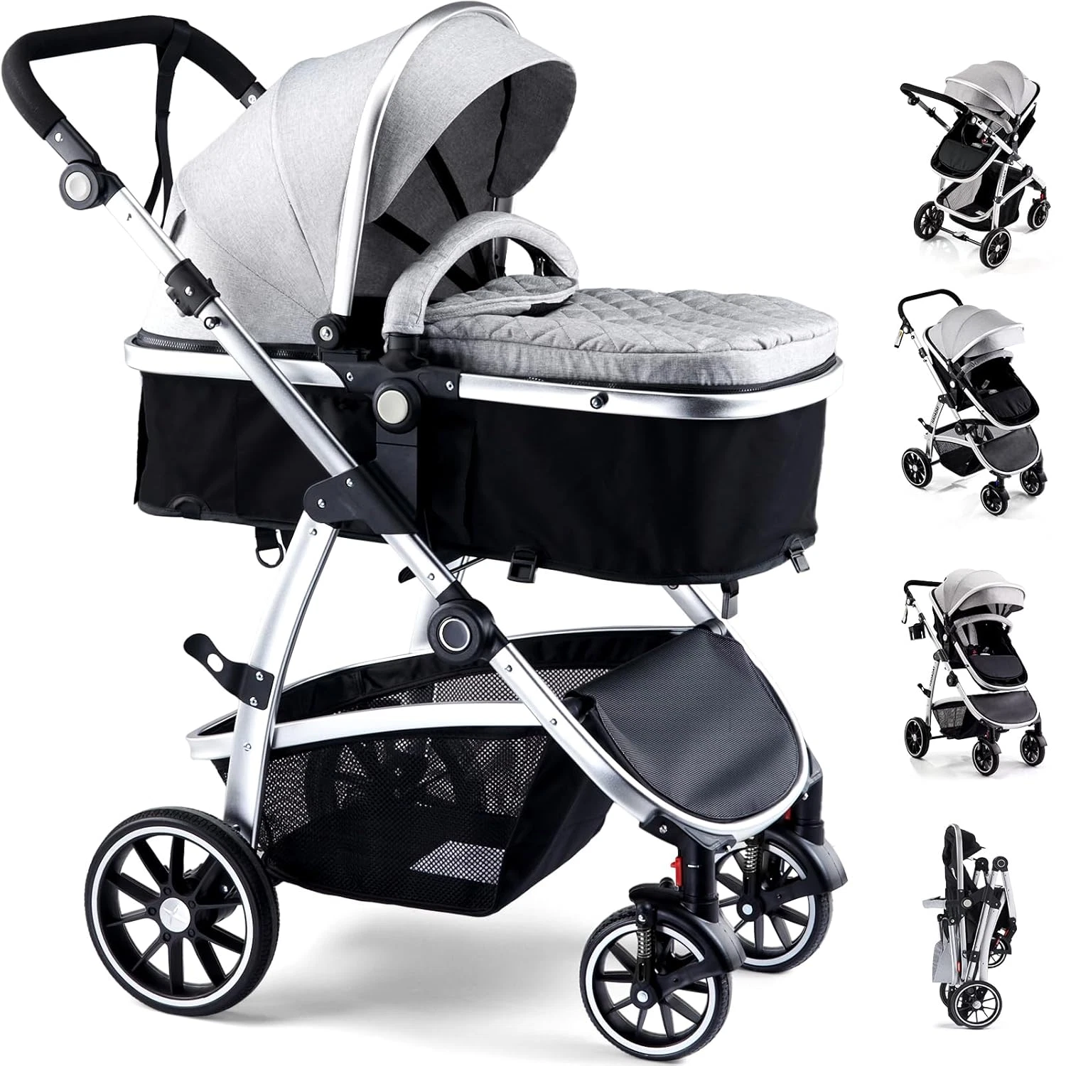 Baby Stroller, 2-In-1 Reversible Toddler Seat with Basket Mode, Foldable Infant