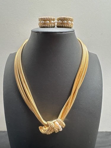 Jewels By Park Lane Gold-Tone Necklace & Clip-On Earrings Set Pearls & Rhineston