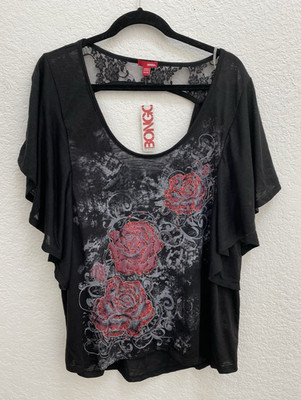 Bongo Black Sheer Tunic Top Red Rose Graphic Print Lace Back Size Junior Plus 3X