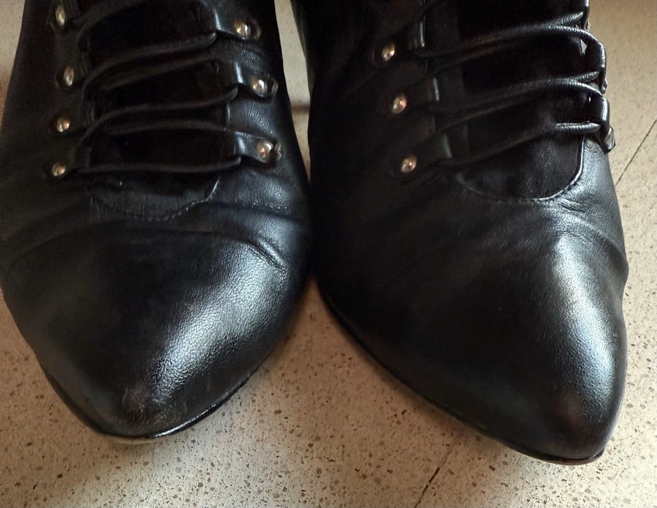 Vtg Nine West Q Jolene Black Size 9M Lace Up Granny Booties Leather Witch Core - Image 3 of 4