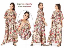 Indian Cotton Kaftan Maxi Dress Long Beige Bird Print Women Nightwear Caftan