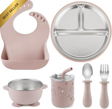 6-In-1 Stainless Steel Baby Feeding Set | Divided Suction Plate, Bowl, Sippy Cup
