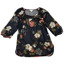 LC Lauren Conrad Floral Print Sheer Blouse Top Black Small Womens