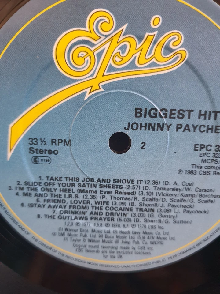 JOHNNY PAYCHECK - BIGGEST HITS - 1982 16 TRACK EPIC LABEL VINYL LP / MINT VINYL - Image 3 of 4