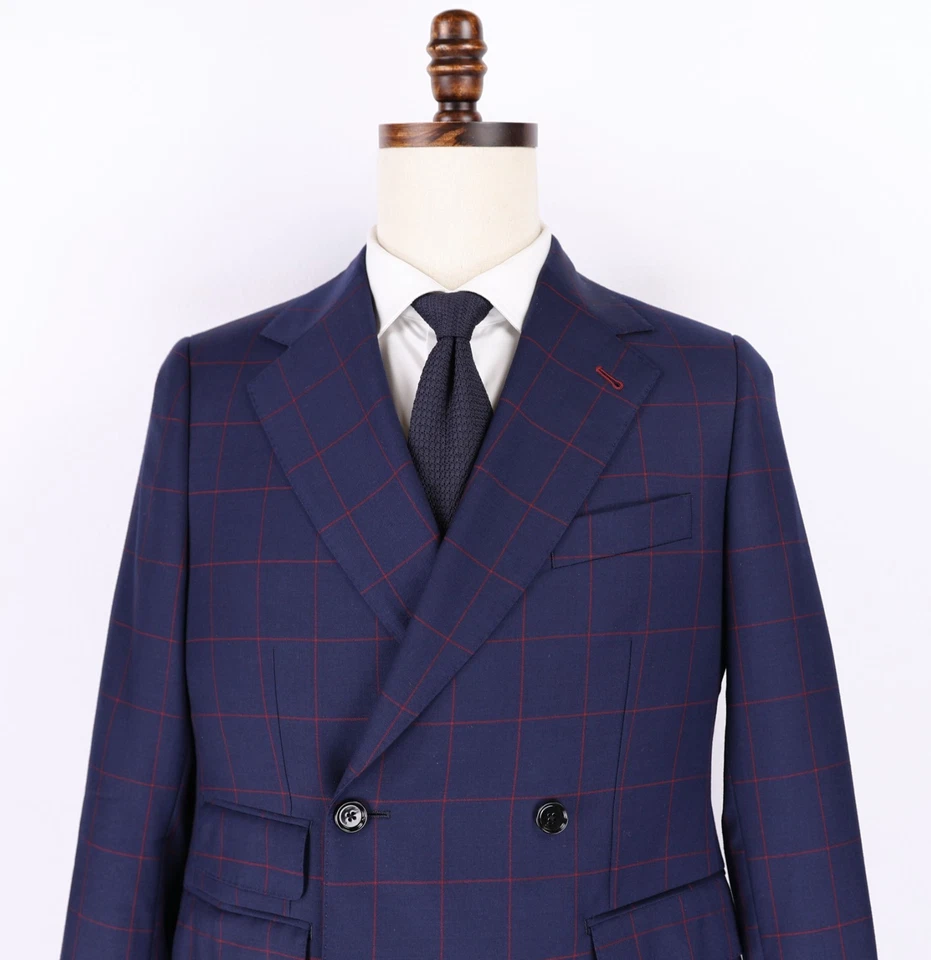 Traje de Lana Indochino Doble Pecho Talla 38S Azul con Cuadros de Ventana Roja Foto 2 de 4