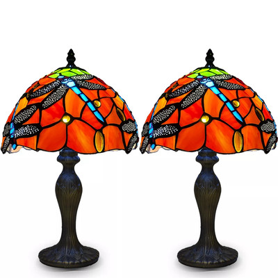 Paar 2 Tiffany Stil Tischlampe Handarbeit Nachttischlampen Buntglas.