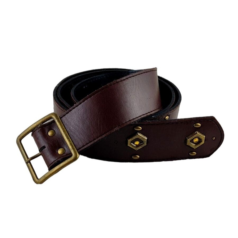 Medieval Boho Vintage Brown Leather Belt with Brass Studs and Rhinestones  -image