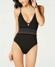 Bar III Women's Smocked Plunging One-Piece Swimsuit Black X-Small NWT