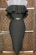 Strapless Black midi dress Ruffle bust bodycon tight fitted Large 10 Medium 8 M