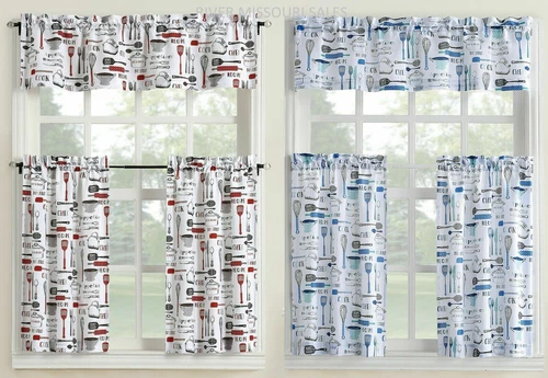 Bistro Valance & Tiers Kitchen Cafe Curtain Set Black White Gray Red Or Blue-NEW