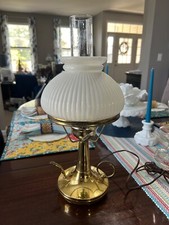 Vintage Brass Glass  Milk Glass Bedside Table Lamp Key Turn Pour Spout 19  