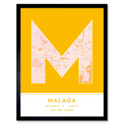 Malaga Spanien Stadtplan Typografie gerahmter Wandkunstdruck 12 x 16 Zoll