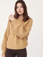 Free People Dream Cable Knit Crewneck Sweater Camel Size S NEW