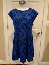 Michael Kors Blue & Black Geometric Fit & Flare Short Sleeve Dress Size 10