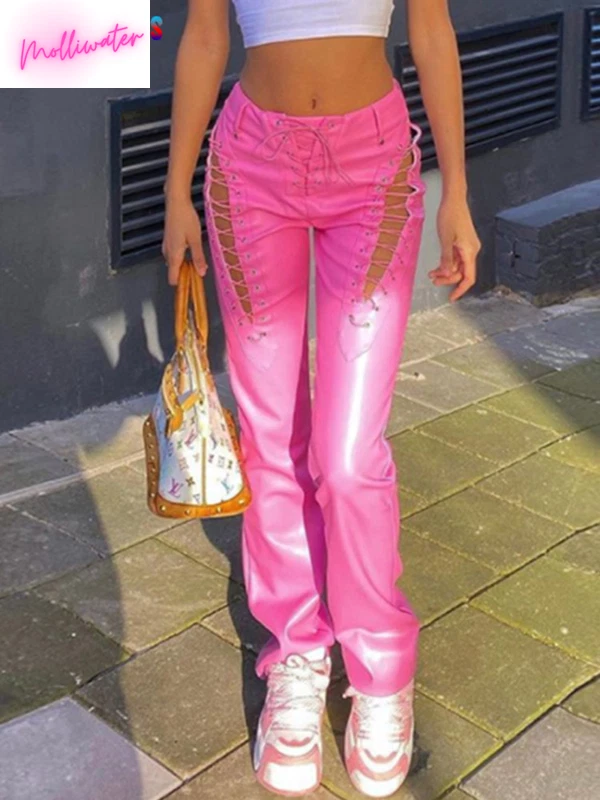 NEW Y2K Vegan Leather High Waisted Lace Up Pants