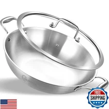 LOLYKITCH 13 Inch Tri-Ply Stainless Steel Wok Pan with Lid,5.5 Qt Induction C