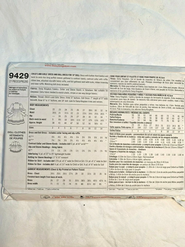 Girl's Dress & Doll Daisy Kingdom Sewing Pattern Uncut 9429 Size 3-6 New - Image 2 of 2