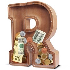 Piggy Bank Wooden Large Letter Initial R Coin Money Box Kids Gift Birthday Xmas.