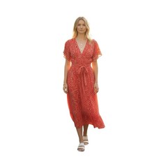 Max Studio Red Floral Cap Sleeve Midi Dress L V-Neck Stretch Crepe