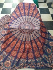 Large Mandala BOHO Orange/Blue Tablecloth Signed K 86" X 78 Inches Indian