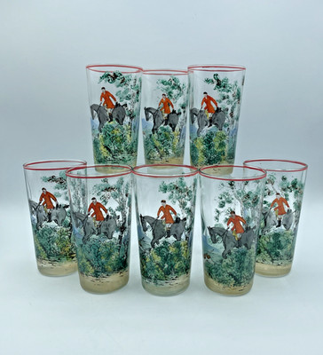 SET OF 8 HAND PAINTED HORSE FOXHOUND DOG AND HUNTSMAN RIDER FOX HUNTING GLASSES