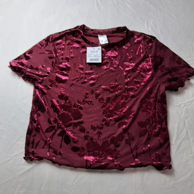 Women's Size 14 Burgundy Crushed Velvet Flocked Short Sleeve Top
