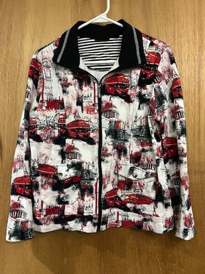 Onque Casual EUC London Print lightweight zip front jacket size large super soft