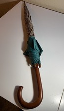 Dennis Basso Umbrella Teal Green Leopard Print Wood Handle Full Size