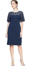 S.L. Fashions Women's Navy Blue S/S Sequined Lace Sheath Dress Sz 14 NWT