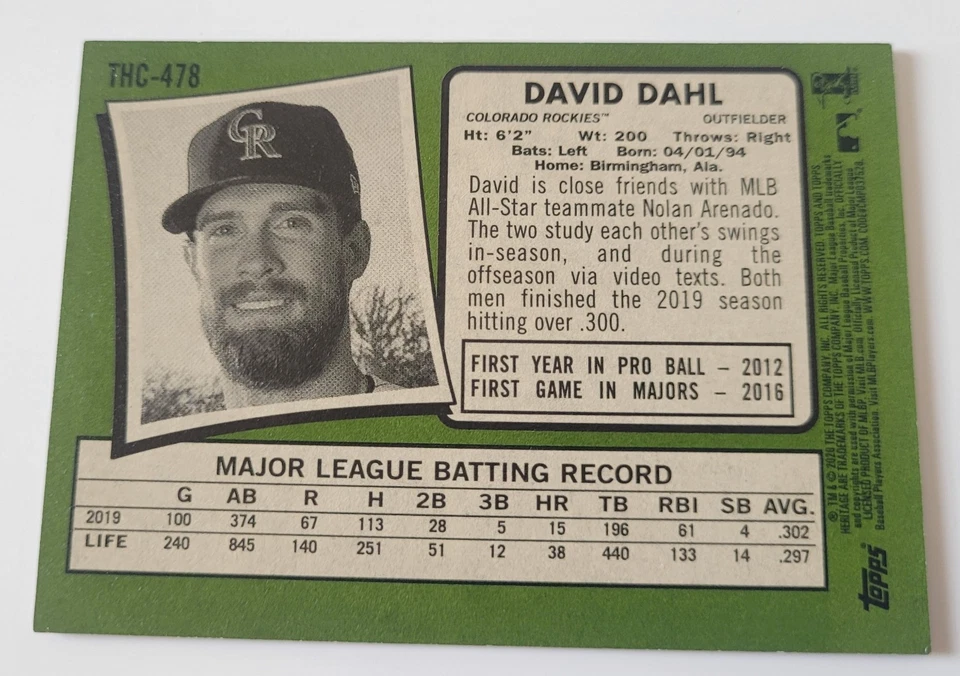 2020 Topps Heritage Chrome Purple Refractors #THC478 David Dahl Colorado Rockies - Image 2 of 2