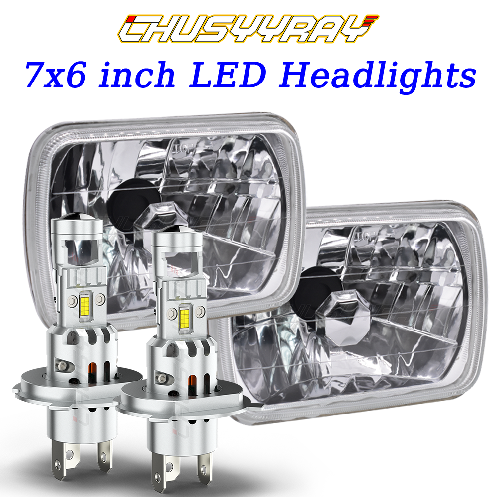 Pair 7inch Square Glass Lens 6052 Square Headlights Lamp FIT H4