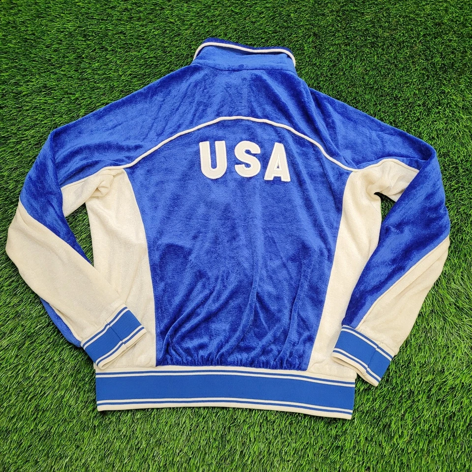 Chaqueta de Pista Olímpica LEVIS Vintage Años 80 Grande 21x24 Hecha en EE. UU. Terciopelo Azul Blanco Foto 4 de 4