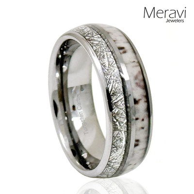   8mm Tungsten Ring Deer Antler Inlay Silver Meteorite Design Mens Wedding Band