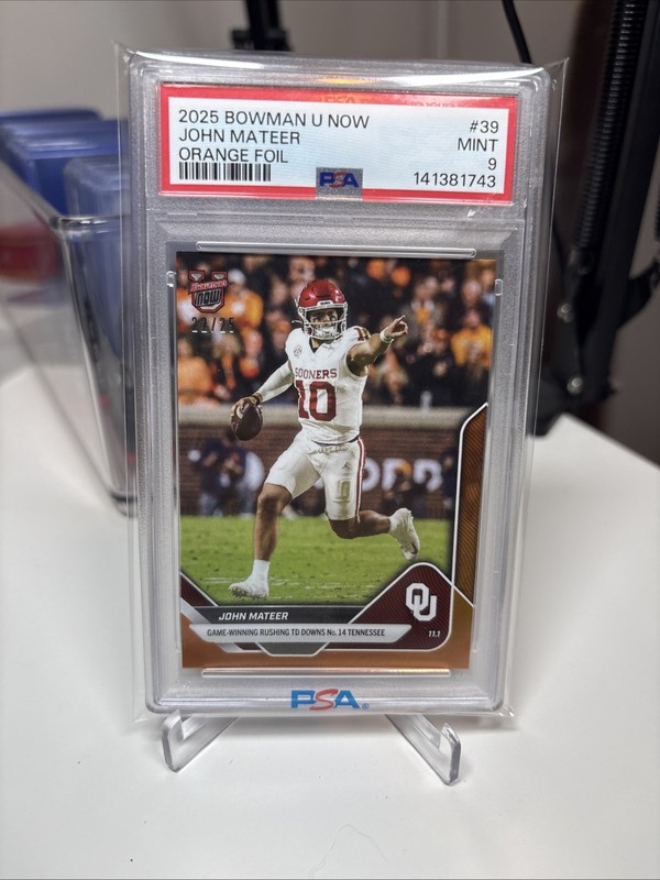 2025 Bowman U Now Football 39 John Mateer Oklahoma Sooners Orange /25 PSA 9 Mint