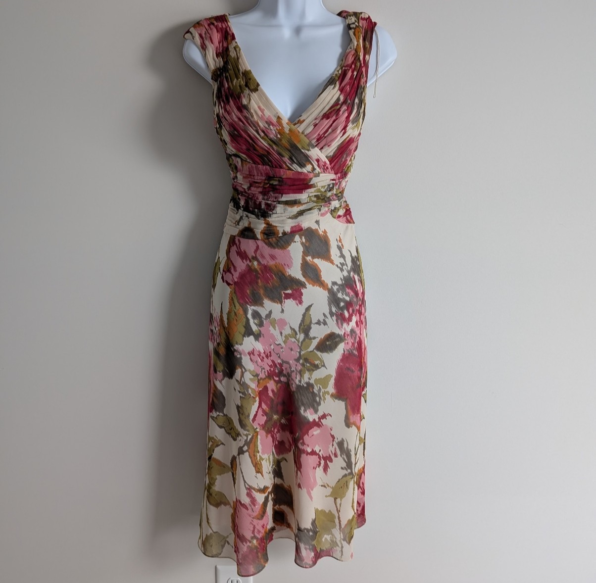 Adrianna Papell Dress Womens 12 Silk Floral Faux Wrap Watercolor Floral Formal