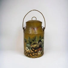 Vtg Metal Canister W/ Lid & Handle Hand Painted Flowers Toleware Signed - Read