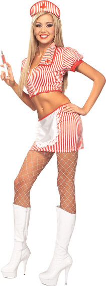 Ladies CANDY STRIPER Nurse Costume Red & White Shirt Skirt Hat 