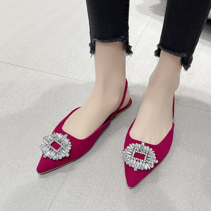 Rhinestone Pointed Toe Sandals for Women Retro Baotou Elegant Style