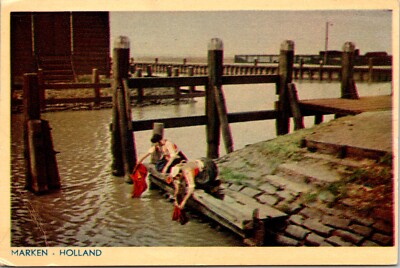 Postcard Marken Holland - Clothes Rinsing off Dock - Posted Amsterdam 1952
