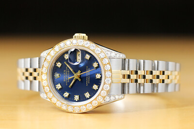 LADIES ROLEX DATEJUST 69173 FACTORY DIAMOND BLUE WATCH w/ 18K GOLD