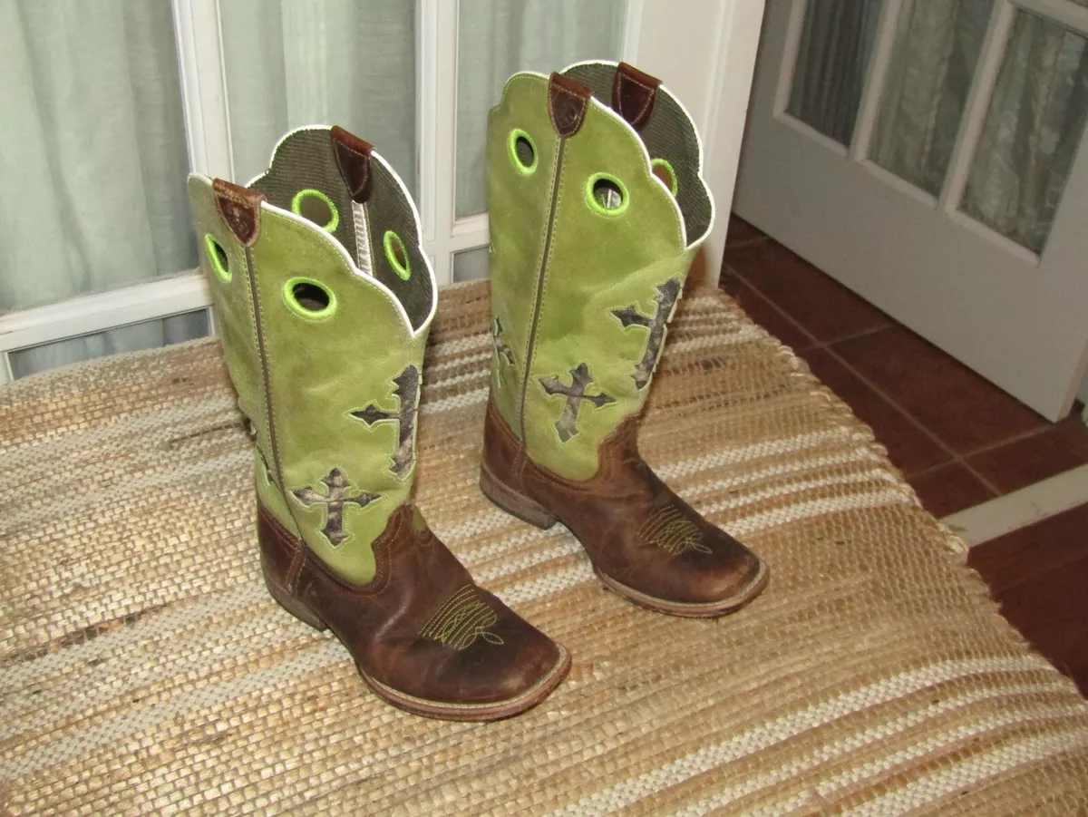 ARIAT 10014122 Kids 11.5 Ranchero Brown Lime Green Cross Tall Square Toe Boots