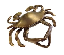 6"  Blue Crab Paper Weight Antiqued Brass  Antique Vintage Nautical Beach Decor 