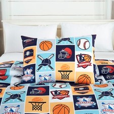 Chezmoi Collection - Juego De 4 Piezas De Sábanas Con Pelotas De Deportes Para Niños/adolescentes, Microfibra Suave, Azul Marino, Gris, Naranja, Blanco, Con Estampado De Fútbol, Fútbol Americano