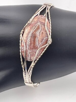 925 STERLING SILVER CUSTOM WIRE WRAPPEDLACE AGATE BRACELET 7'' INTRICATE 3513