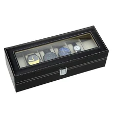 6 Slots Watch Box PU Leather Watch Case Glass Lid Storage Jewelry Display Case