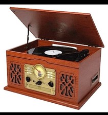 Victor State 7-in-1 Wood Music Center with 3-Speed Turntable and Dual Bluetooth