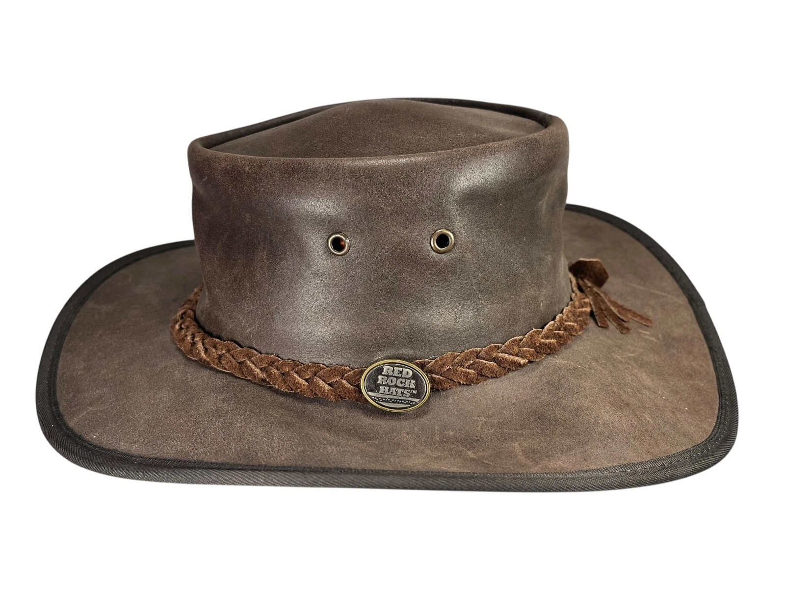 RED ROCK Brown Leather AUSTRALIA-MADE x WATERPROOF SUN HAT Summer Rain Hike Sz L