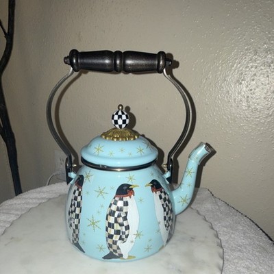 MacKenzie-Childs Penguin Parade Enamel Stove Top Kettle 2qt Light Blue Multi