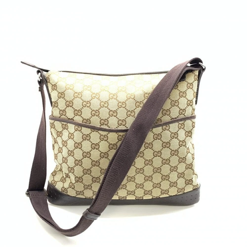 Gucci 145837 Gg sac à bandoulière long toile cuir beige marron fermeture éclair op